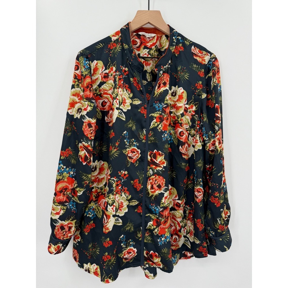 John Mark Navy Floral Zip-Front Blouse with Red and Cream Blooms